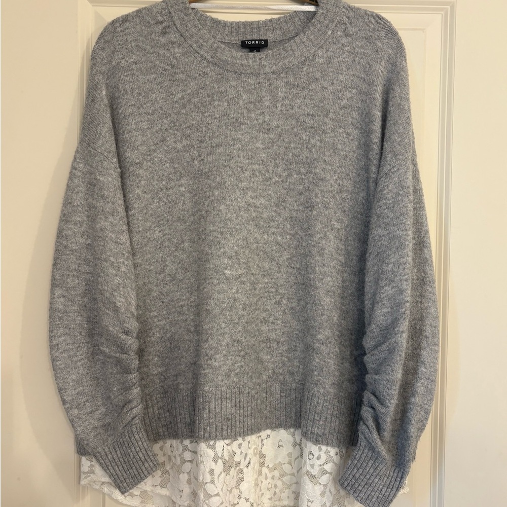 Torrid Gray Crew Neck Sweater with Lace Detail